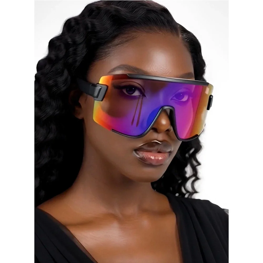 Oversized Shield Sunglasses Black Frame Iridescent Mirrored Lens‎ Women Lentes